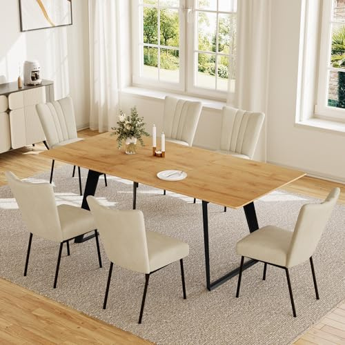 HIPIHOM Esstisch mit 4-6 Stühlen Set Ausziehbarer Esstisch 130–170 cm – Essgruppe MDF-Tischplatte & Metallgestell, Küchentisch/Esszimmertisch für 4–6 (1 Esstisch + 6 Beige Stühle)