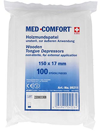 Einmal Holzmundspatel, Farbe natur, 150 x 17 x 1,6 mm, Med-Comfort: Einweg Mundspatel aus naturbelassenem Birkenholz mit abgerundeten Kanten als Stations- und Patientenbedarf kaufen.