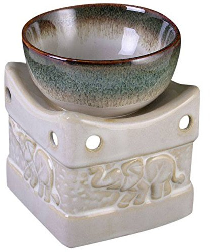 Glazed Ceramic Elephant Oil Burner - 10.5cm x 9cm (1 Pc) - Two Tone Cream & Green Effect - Perfect for Aromatherapy and Home Decor