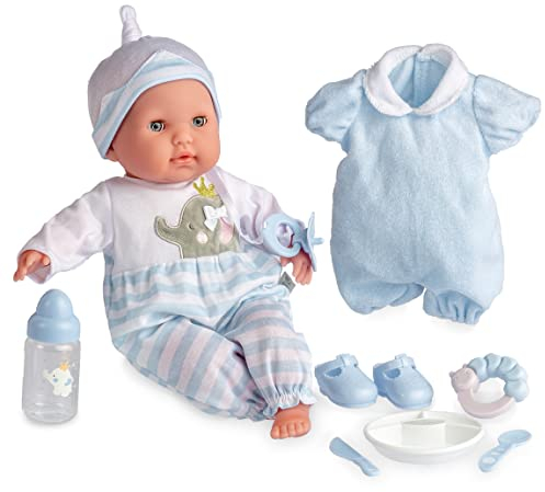 JC Toys 38 cm große realistische Babystoffpuppe mit offenen/geschlossenen Augen Berenguer Boutique | 10-teiliges Geschenkset mit Flasche, Rassel, Schnuller & Zubehör | Blau | ab 2 Jahren.
