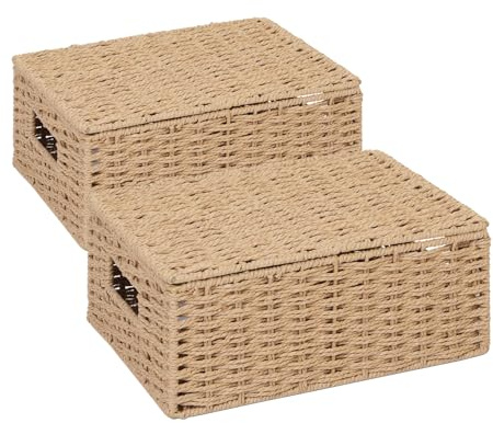ARPAN 2 x Paper Rope Storage Hamper Basket With Lid - Ideal For Home/Office & Gifts Hamper (Natural - Medium)