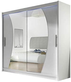 Armadio con specchio London IX, armadio con ante scorrevoli, moderno per camera da letto, 180 x 215 x 58 cm, guardaroba, camera da letto (bianco, con illuminazione LED RGB)