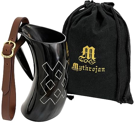 Mythrojan Trinkhornbecher aus echtem Horn, 600 ml, Becher für Bier, Ale oder Met, polierte Oberfläche
