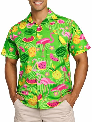 King Kameha Hawaii Hemd Männer - Funky Hawaiihemd Herren Kurzarm, Flamingo Melon, Grün, 4XL