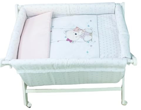 Danielstore Minicuna Plegable | 90x55x72 cm, Madera lacada, colchón Incluido | Ruedas con Freno, Textil algodón, fácil Montaje | Confort y Seguridad para bebé (Oso Columpio Rosa)