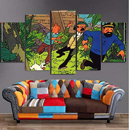 Bilder XXL 5 Teile wandbild leinwandbilder Kunstdrucke Filmanimation Die Abenteuer von Tim und Struppi XXL 5 Teiliges Wandbild Mit Rahmen Größe 100x55CM Leinwandbild Wandbilder Cadeau d'Halloween