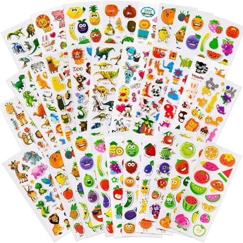 1000+ Geschwollen Stickers für Kinder & Kleinkinder, 3D Aufkleber Kinder, Tiere, Obst, Gemüse, Ideal Geschenk Aufkleber (60 Bogen)