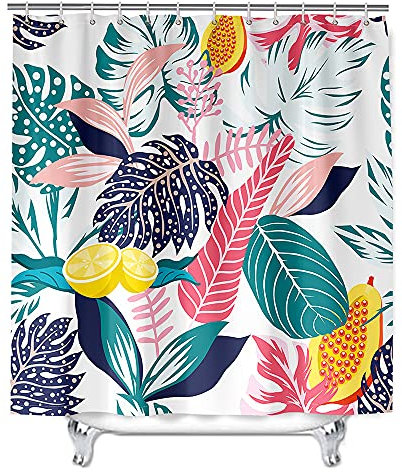 Mateju Rideau de Douche Imperméable Anti Moisissure, Rideaux de Douche en Tissu Polyester Rideau de Salle avec 12 Crochets, 3D Plantes Rideau pour Salle de Bain (90x180cm,Citron)