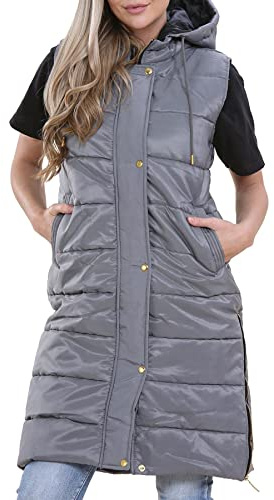 A2Z Ladies Gilet Oversized Hooded Quilted Gilet Padded Long Line Vest - Gilet 800 Steel Grey XL