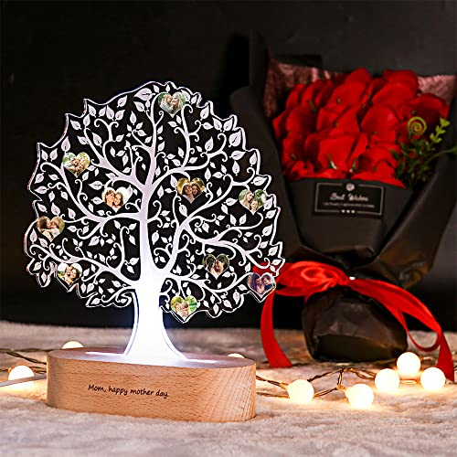 Lampe acrylique arbre de vie photo personnalisée arbre généalogique LED veilleuse lumière de charge USB avec socle en bois(16 couleurs)