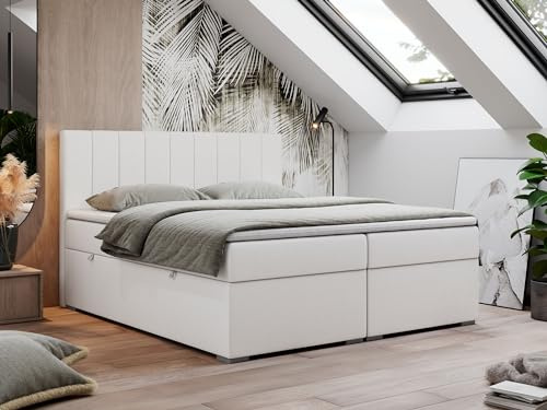 MKS MEBLE Boxspringbett 180x200 cm, Bett mit Multipocket Matratze H3 und Topper T25, Boxspringbett mit Bettkästen, Polsterbett mit Kopfteil - Lope - Weiß Kunstleder