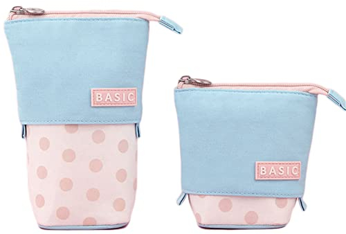 Stehender Stiftehalter Teleskop-Pop-Up-Federmäppchen bunt große Kapazität Federmäppchen PU ​​stehend Schreibwaren-Federmäppchen Leinwand Schreibwarentasche für Schüler Schule Büro (Pink Polka Dots)