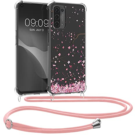 kwmobile Necklace Case kompatibel mit Oppo A74 (5G) / A54 (5G) Hülle - Silikon Cover mit Handykette - Rosa Dunkelbraun Transparent Kirschblütenblätter
