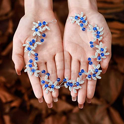 Flayem Haarschmuck Blau Hochzeit Blumenkranz Blumen Braut Silber Haarkranz Kopfschmuck