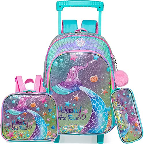 Rollrucksack für Gilrs Rucksäcke mit Rollen für Grundschüler, Kinder, Reisegepäck mit Lunchbox für Mädchen, Eine Meerjungfrau