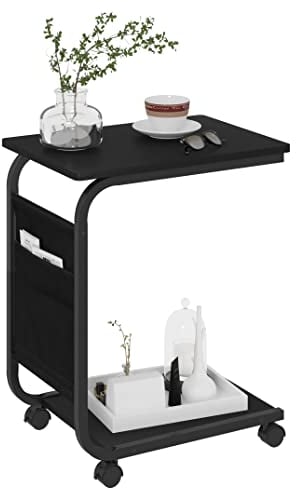 WOLTU Table Basse, Bout de Canapé sur roulettes, en Forme de C, avec 2 Étagères et 1 Poche Latérale, en Bois d’ingénierie et Métal, 50x62x35 cm, Noir BTS04sz
