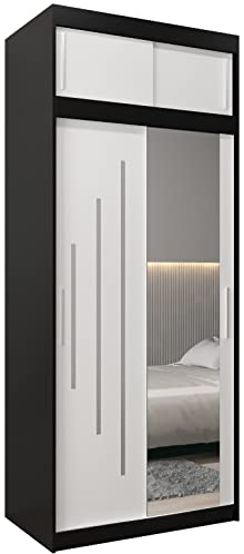 MEBLE KRYSPOL York 2 100 Schlafzimmerschrank mit Zwei Schiebetüren, Spiegel, Kleiderstange und Regalen – 100x240x62cm - Mattschwarz + Mattweiß mit Verlängerung