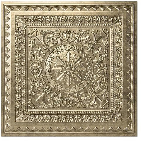 Art3d 12-Pack Drop Ceiling Tiles Glue up Plastic Acoustic Antique Gold Ceiling Panels 605mm x 605mm - Fit in 600mm x 600mm Cover 48 Sq.ft