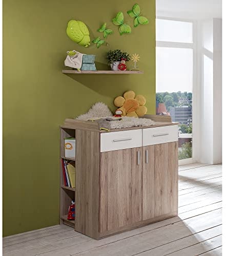 Lomadox Babyzimmer Wickelkommoden Set mit Unterschrank und Wandboard in Eiche Nb. mit weiß, B/H/T: ca. 91/145/75