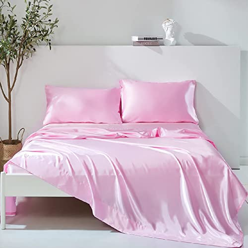 Wotcsil 4 Pezzi Completo Lenzuola Raso Una Piazza e Mezza Set Tinta Unita Biancheria da Letto Satin 150x200+Angolo 36 cm con Lenzuolo Sopra, Lenzuola Sotto con Angoli, 2 Federa, Rosa