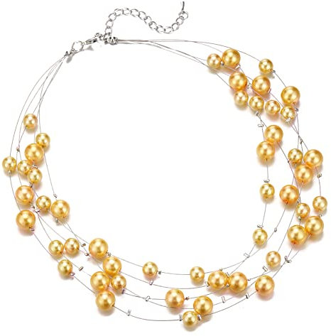 FULU AUTUMN Boho Perlenkette Damen Silber Statement Kette Mehrreihige Modeschmuck Geburtstagsgeschenk für Frauen(Yellow)
