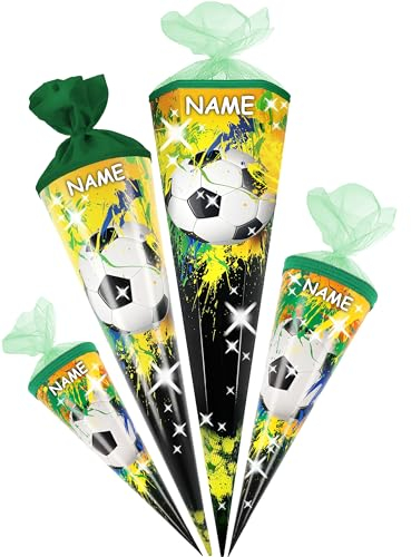 alles-meine.de GmbH Schultüte - mit 3D Glitzer - Effekt ! Fußball 35-100 cm Größe wählbar inkl. Name - Zuckertüte - Tüllabschluß/Filzabschluß - eckig/rund - Mädchen..