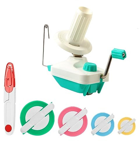 Avvolgitore per gomitoli di filato, avvolgitore per gomitoli per tessitura, azionato a mano, robusto, con manico in metallo e morsetto da tavolo, con pompon di 4 dimensioni + 1 paio di forbici