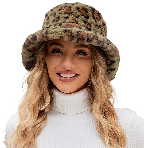 LOIJMK WintermüTzen FüR Frauen Weich Kunstpelz Flauschige Bucket Hat Winter Warme Anglerhut Damen PlüSch Eimer Hut Einfarbig/Leopardenmuster Fischerhut Faltbar Warme Elegant MüTze FüR MäDchen