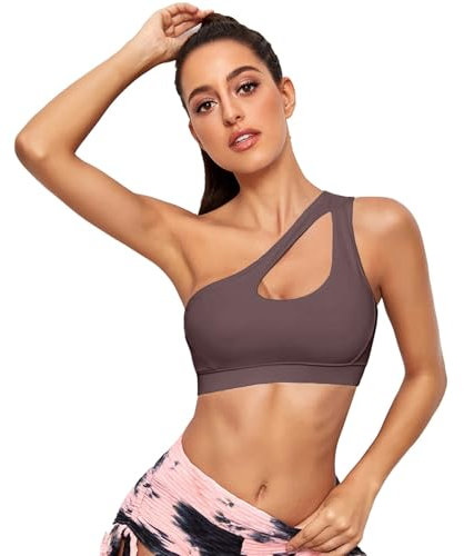 Vertvie Damen One Shoulder Sport BH Sexy Bügellos Workout Bra Gepolstert Tank BH Push Up Bequem Yoga Bralette Fitness Training Mittlere Unterstützung (Braun, XL)