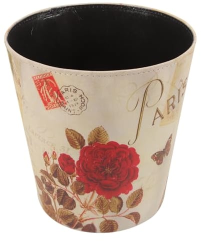 IMIKEYA Poubelles En Cuir Pu Corbeille Ronde À Fleurs 10L Seau À Papier Vintage Seau À Papier Toilette Panier Poubelle Conteneur Pour Salle De Bain De Bureau À Domicile