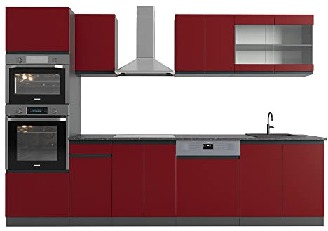 Vicco Küchenzeile R-Line, Rot/Anthrazit, 300 cm mit Hochschrank, AP Marmor