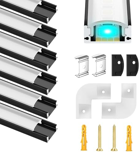 LED Aluminium Profil Schwarz für 12mm Led Streifen/Stripes/Stripe/Strip, 6x1m U Form Leiste Aluprofil Schiene, Stripes Kanal mit Milchiger Weißer Abdeckung, Strip Diffusor mit 90 Grad Eckverbindern