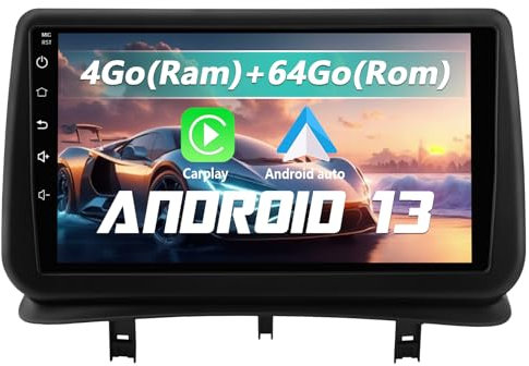 AWESAFE Autoradio Android 13【4Go+64Go】 pour Renault Clio 3(2005-2014),avec 9 Pouces Écran Tactile,Android Auto et Carplay,Commande au Volant,GPS,WiFi,4G,Bluetooth, DSP et Aide au stationnement