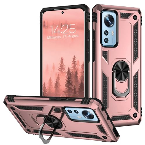 LBH Outdoor Hülle für Xiaomi 12 Pro Armor Militär Stoßfest Handyhülle 360 Grad Metal Ring Halter Ständer Schutzhülle für Handyhalterung Auto Magnet Rosegold
