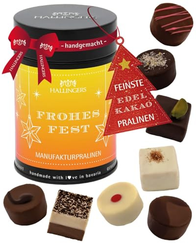 Hallingers Genuss Manufaktur Pralinen Weihnachts-Geschenk - ohne Alkohol, handmade aus Confiserie-Edelkakao in wertiger Geschenkdose Frohes Fest, Weihnachten für Frauen Männer