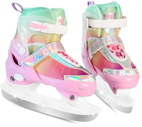 HALOSK Verstellbare Schlittschuhe für Mädchen, Jugendliche, Damen, Kinder-Hockeyschlittschuhe für Outdoor und Eisbahn, weiches und bequemes Futter, Eislaufschuhe (Regenbogenrosa, Größe S - Litter