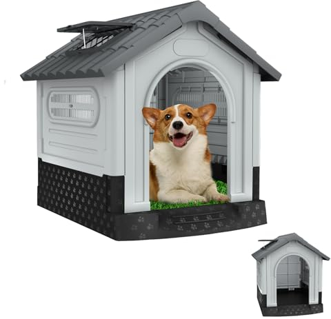 Aufun Haustierhütte Kunststoff Outdoor, Wasserabweisend isoliert Hundehaus Unterschlupf, obuste Hundehütte mit Lüftungsgitter und erhöhtem Boden, Oberlicht,Für draußen und drinnen,79.5x70.5x78cm, Grau