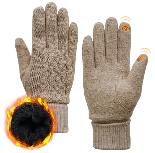 ACUSHLA-Handschuhe aus Merinowolle für Männer und Frauen – Fleecegefütterte, schwere, warme Touchscreen-Handschuhe für kaltes Wetter im Winter, weiche, thermische Strickhandschuhe (Khaki, XL)