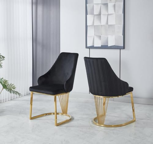 Modernique Velvet Upholstered Dining Chairs with Gold Metal Legs, Set of 2, Black Grey and Cream (Black)