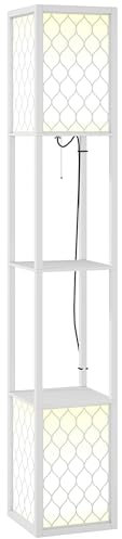 HOMCOM Floor Lamp with Shelves, Modern Tall Standing Lamps with Fabric Lampshade, Chain Switch and Dual Light for Living Room, Bedroom, Bulb not Included, White