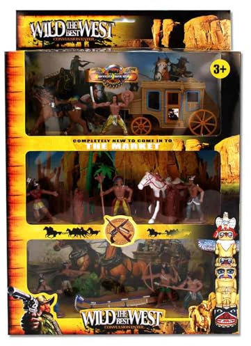 BEMIRO Cowboy und Indianer Spielfiguren – Umfangreiches Set mit Figuren, Kajak, Kutsche und Zubehör, liebevoll gestaltet, ab 3 Jahren geeignet