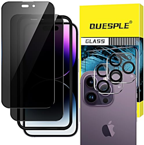 QUESPLE Privacy Screen Protector for iPhone 14 Pro 6.1-Inch with Camera Lens Protector, Black Edge Anti Spy Tempered Glass Film with Easy Installation Tool, Case-Friendly, 2+2 Pack