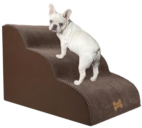 Nepfaivy Scaletta per Letto per Cani e Gatti, Antiscivolo, 3 Gradini, Schiuma ad Alta Densità, Rivestimento Rimovibile, Marrone, 60 x 40 x 40 cm