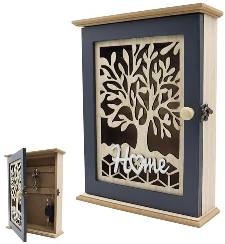 POPAPIE 1 piece Wooden Key Cabinet,Vintage Wood Key Cupboard,Decorative Hollow Design Box,Wall Mounted Indoor Key Box with 6 Hooks for Entrance Hallway Office Kitchen (Tree of Life Pattern)