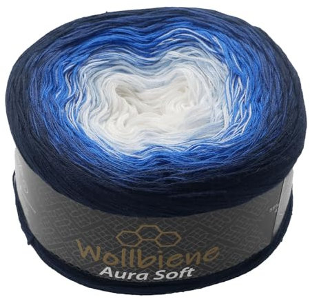 Wollbiene Aura Soft Farbverlaufsgarn 250g - 1000m - 4 Fädig gefacht Bobbel Strickwolle Häkeln Bobbel Wolle Farbverlauf, Strickwolle Mehrfarbig (703 dunkelblau blau weiß)
