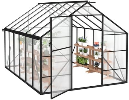 NAIZY Serre de jardin de 380 x 250 x 205 cm, avec ancrage au sol et base de 6 cm, de 580 g, plaque de polycarbonate et aluminium de 4 mm, pour tomates, résistante à l'hiver, protection UV