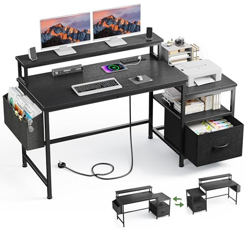 EnHomee Gaming Desk-140x50CM Corner Computer Desk with Fabric Drawers, Sturdy Home Office Desk with Charging Port & Power Outlet & Monitor Shelf, Reversible L Shaped Gaming Desk for Study Table