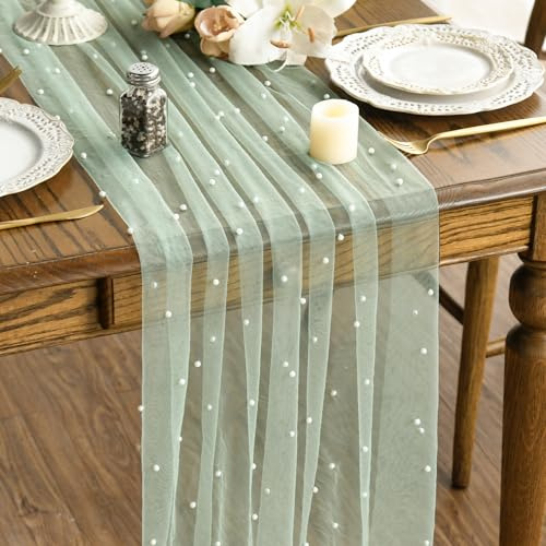 Artoid Mode Chemin de table en tulle vert herbe avec perles - 70 x 300 cm - Décoration de table de cuisine en intérieur, vacances, mariage, anniversaire, fête