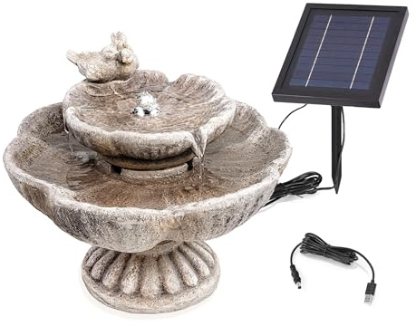 esotec Solarbrunnen Vogelpaar mit LED Beleuchtung, Akku, Solarmodul, USB-Ladung, Timer, Solarmodul, Akku, LED-Licht warmweiß, 5m Kabel, Erdspieß und Wandhalterung, Balkon-Brunnen Outdoor 101379