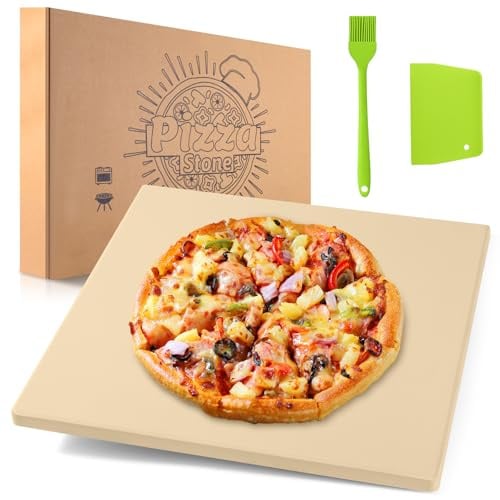 NumRise Pizza Stone, 30.5×30.5 cm Square Pizza Stone for Oven and Grill, Heavy Duty Cooking Stone Includes Free Plastic Scraper, Silicone Brush, Cordierite Baking Stone for Pizza, Bread, BBQ